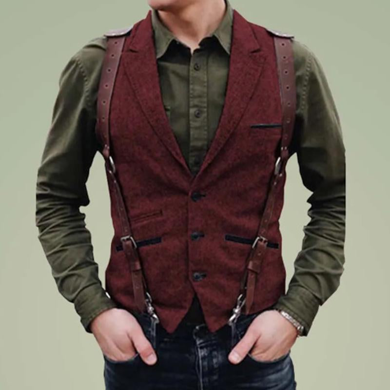 Men's Vintage Lapel Single-Breasted Multi-pocket Herringbone Vest 59356841M