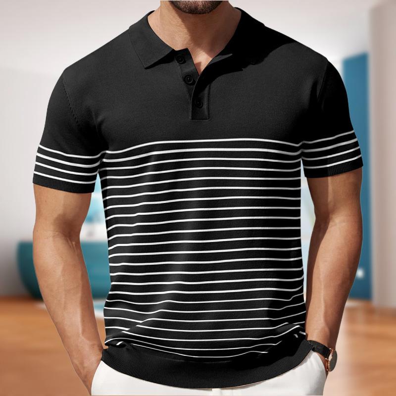 Men's Casual Ice Silk Striped Knitted Short-Sleeved Polo Shirt 61733192M