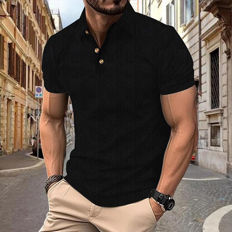 Men's Solid Textured Fabric Lapel Short Sleeve Polo Shirt 94066834Z