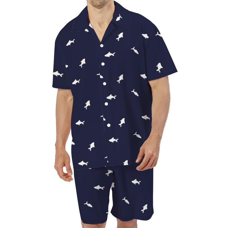 Men's Shorts Drawstring Lapel Short Sleeve Shirt Beach Shorts Printed Set 72498851X
