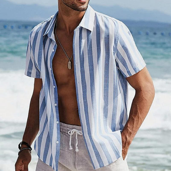 Men's Cotton and Linen Striped Short-sleeved Lapel Shirt 89949899X