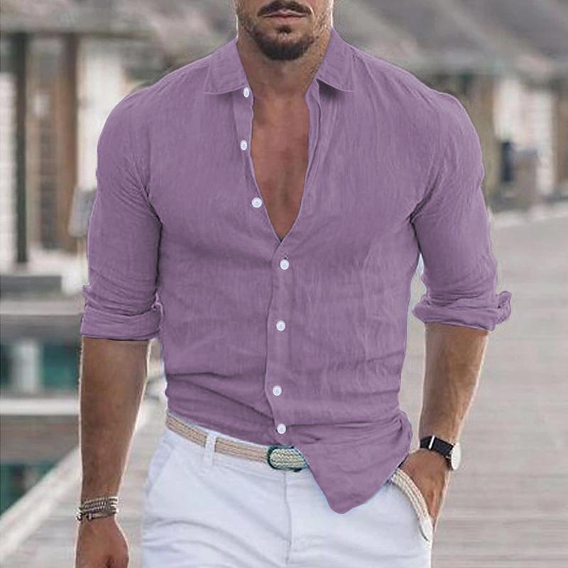 Men's Casual Solid Color Lapel Long Sleeve Shirt 21280669Y