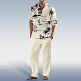 Men's Casual Coconut Tree Print Henley Collar Long Sleeve Shirt Trouser Set 39979220Y