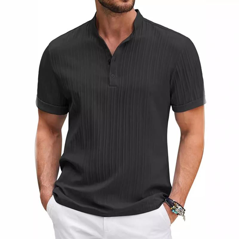 Men's Cotton And Linen Striped Henley Collar Short-Sleeved Shirt 62041492Y