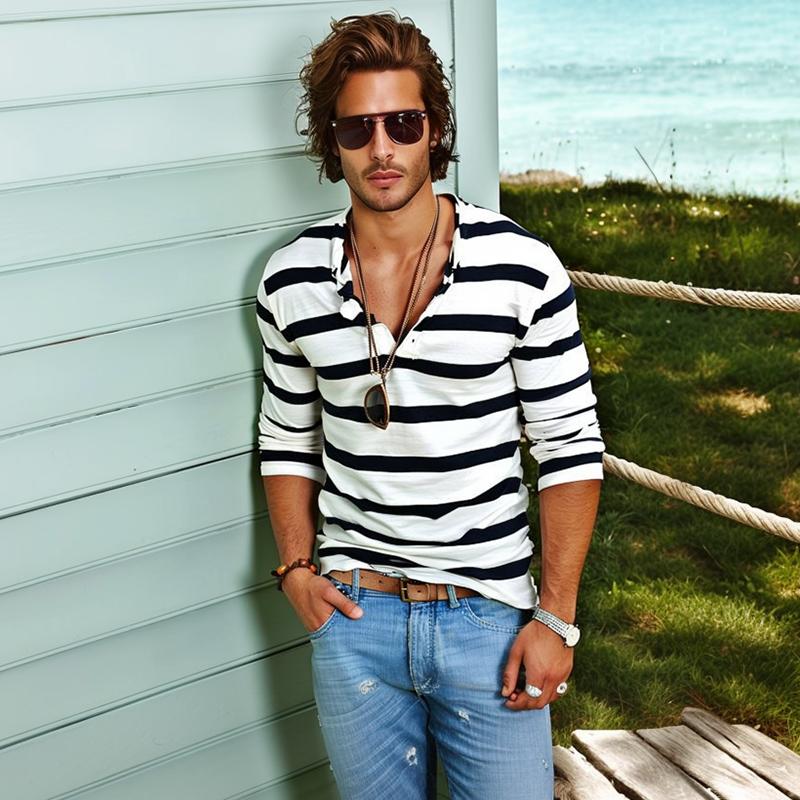 Men's Casual Striped Henley Collar Long Sleeve T-Shirt 74002086Y