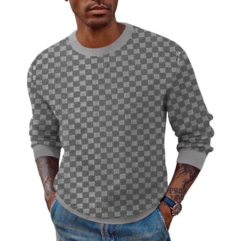 Men's Solid Color Checkerboard Pattern Round Neck Long Sleeve T-Shirt 06420118Z