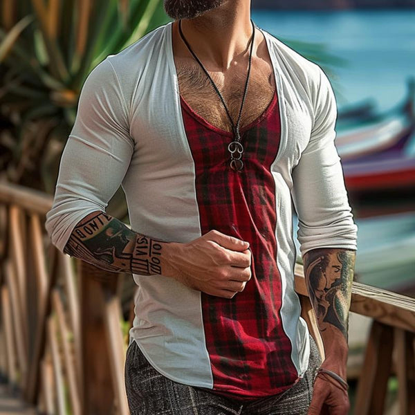Men's Casual Plaid Stitching Round Neck T-Shirt 55456251TO