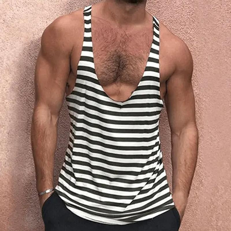 【Envío en 24 horas】Camiseta sin mangas informal con cuello en V profundo y rayas para hombre 73603413Y