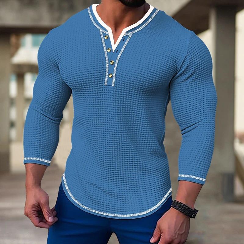 Men's Waffle Long Sleeve Casual Henley T-Shirt 09590950X