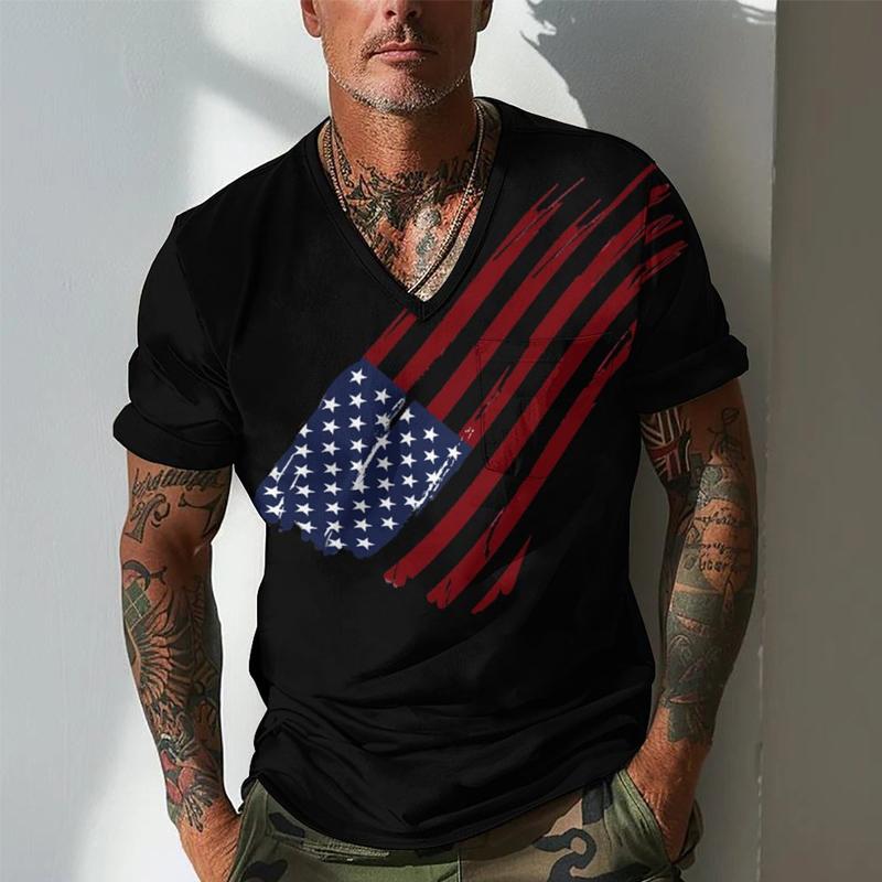 Men's V-neck Flag Print Casual Short-sleeved T-shirt 72881804X
