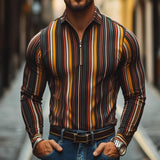 Men's Retro Casual Color Striped Lapel Zipper Long Sleeve T-Shirt 39614168TO