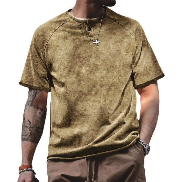 Men's Vintage Washed Henley Collar Loose Short Sleeve T-Shirt 0374669M
