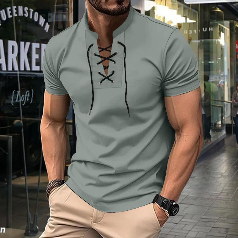 Men's Solid Color Lace-up V Neck Short Sleeve T-shirt 79653773Z