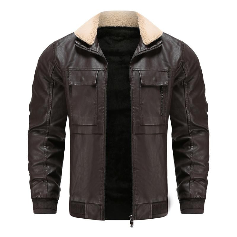 Men's Vintage Solid Color Multi-Pocket Lapel Warm Shearling Jacket 80356567Y