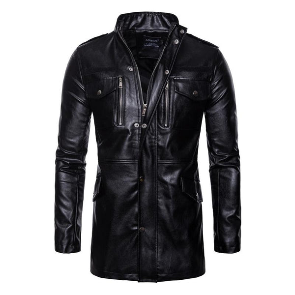 Men's Vintage Stand-Collar Four-Pocket Mid-Length Leather Jacket 33822867Y