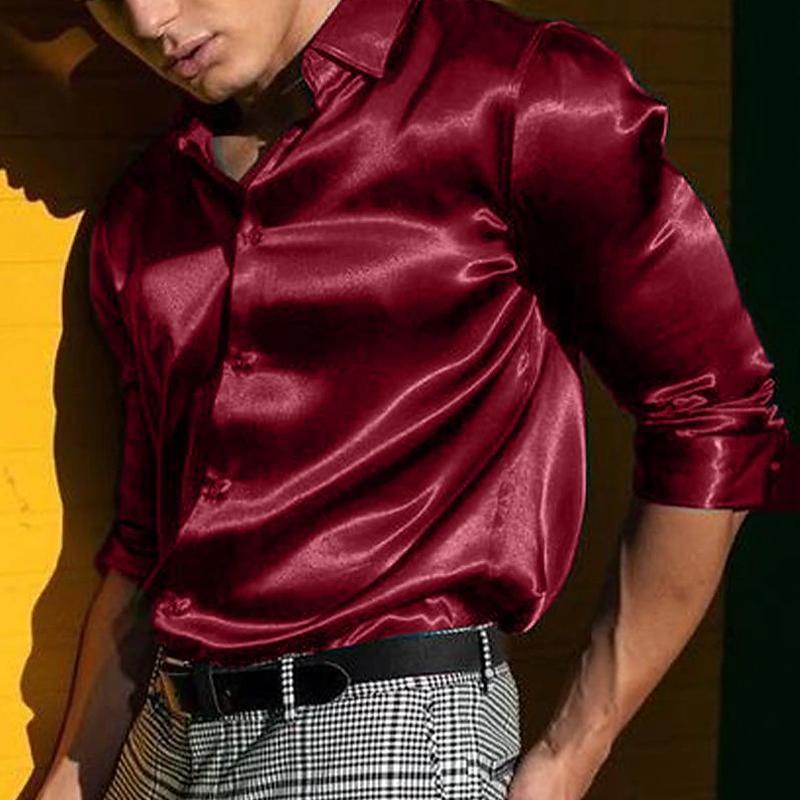 Men's Casual Shiny Solid Color Lapel Long-Sleeved Shirt 54782734M