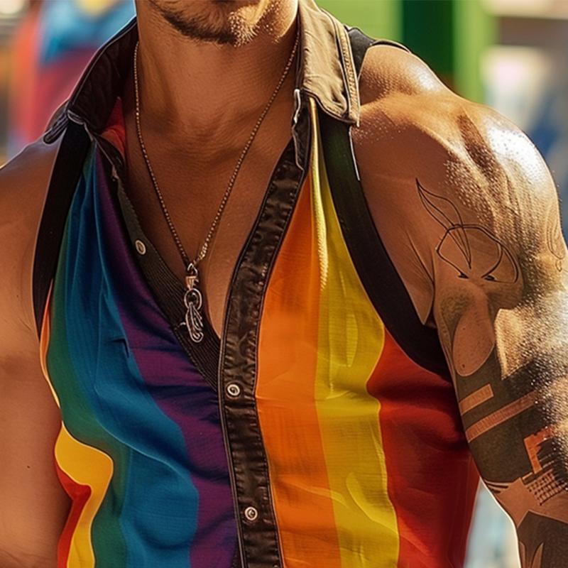 Men's Rainbow Striped Patchwork Lapel Sleeveless Slim Fit Shirt 92147239Y