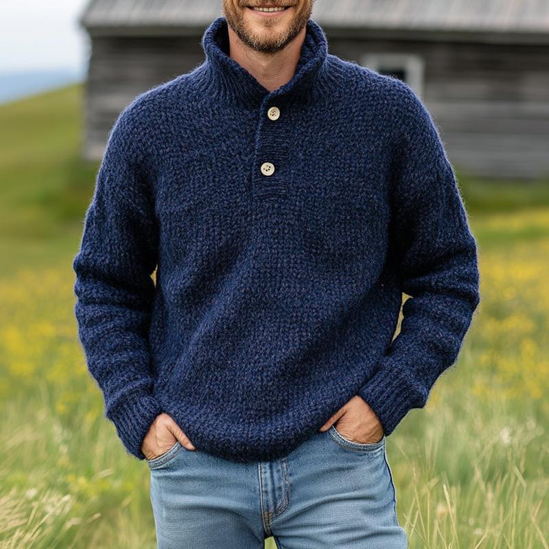 Dunkelblauer Vintage-Strickpullover mit zwei Knöpfen und Stehkragen für Herren 52045838U