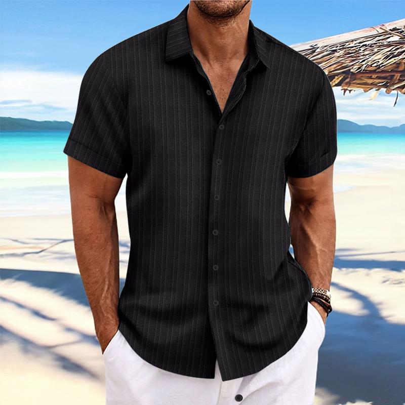 Men's Cotton Linen Stripe Print Loose Short Sleeve Lapel Shirt 89995369X