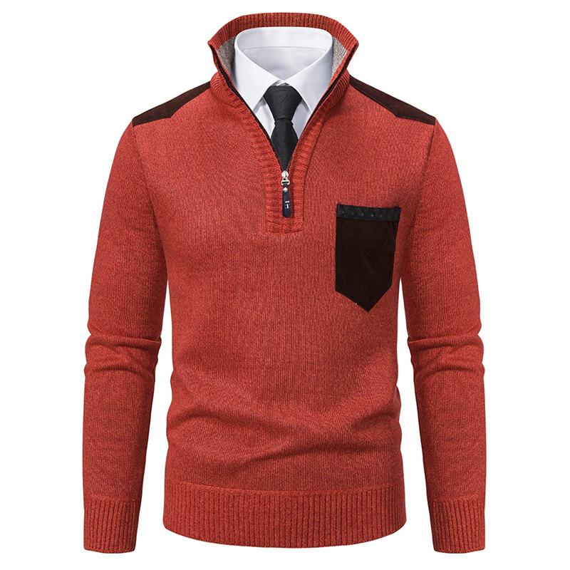 Men's Casual Retro Patchwork Pocket Stand Collar Zipper Sweater 32851595TO