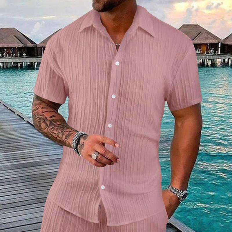 Men's Solid Color Beach Pleated Short Sleeve Shirt 54907046Y