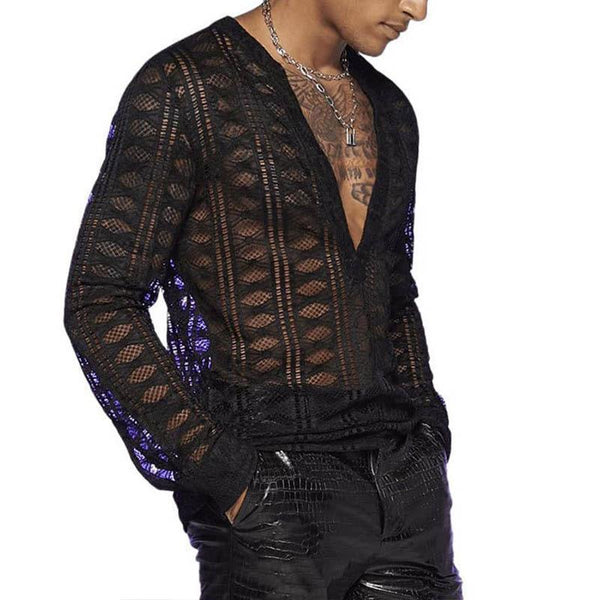 Men's Sexy Deep V-Neck Mesh Hollow Slim Long Sleeve T-shirt 62434116M