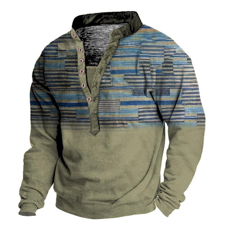 Men's Printed Stand Collar V-Neck Vintage Sweatshirt 82669063U