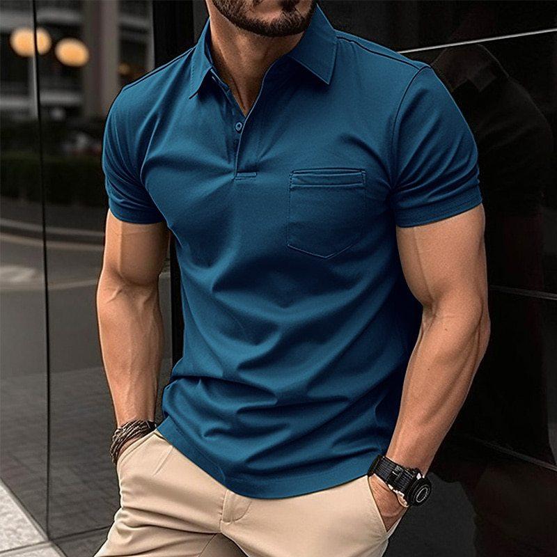 Camisa tipo polo deportiva de manga corta con solapa y bolsillo con botones en color liso para hombre 23463175X