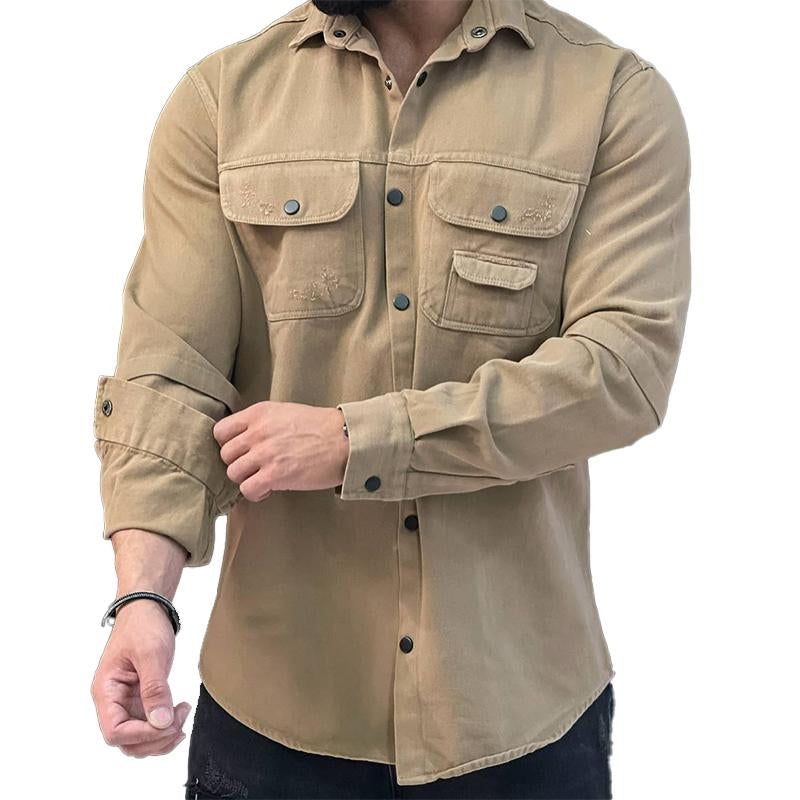 Men's Solid Color Cotton Lapel Long Sleeve Shirt Jacket 36224936X