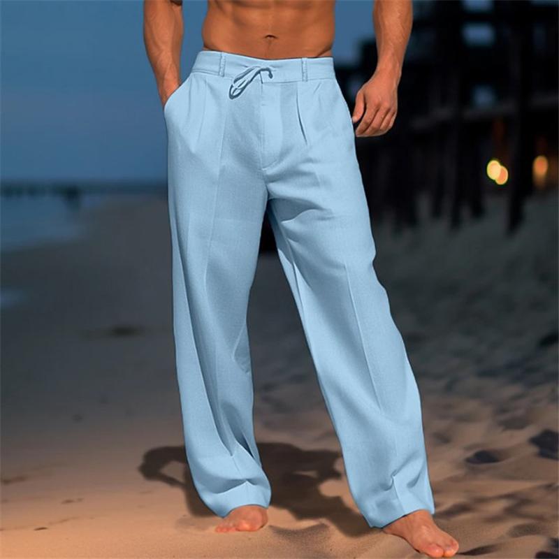 Pantaloni da spiaggia basic da uomo in lino tinta unita 61164046X