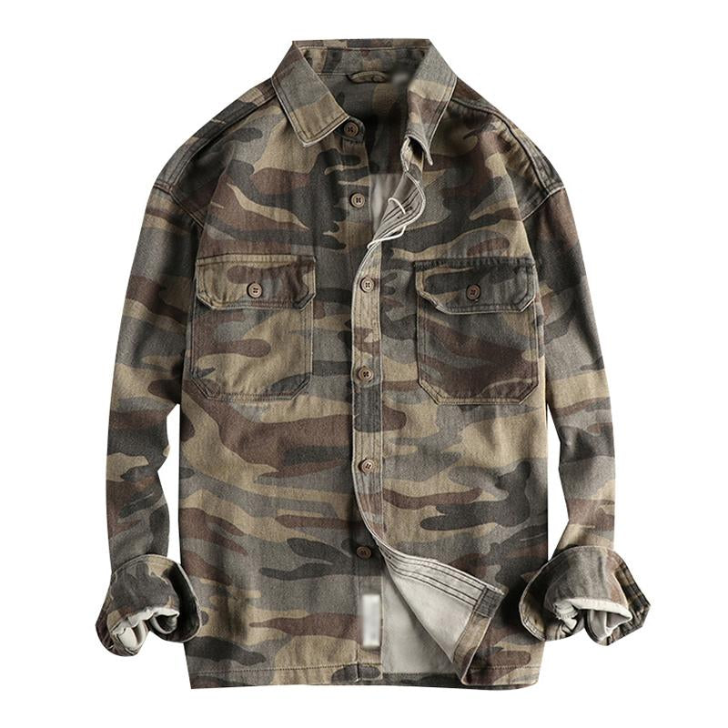 Men's Vintage Washed Cotton Camouflage Long Sleeve Workwear Shirt 57645691M