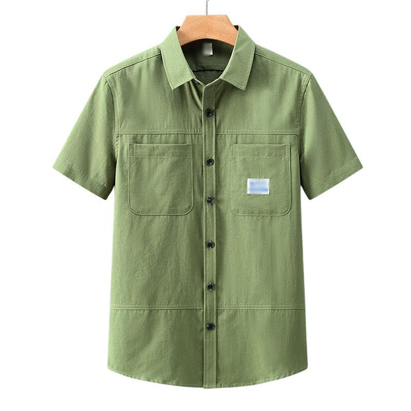 Men's Vintage Cotton Patch Pocket Loose Lapel Short Sleeve Work Shirt 25174824M