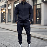 Men's Fashionable Solid Texture Loose Stand Collar Long Sleeve Sweatshirt Trousers Casual Set 65263810Z