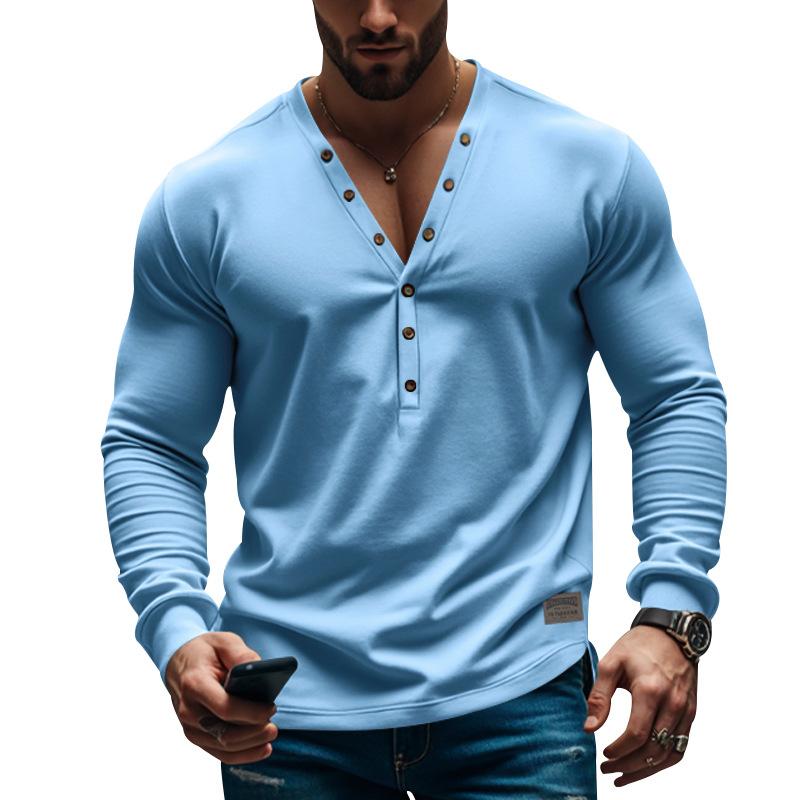 Men's Casual Thin V-neck Button Slim Long Sleeve T-shirt 66506716M