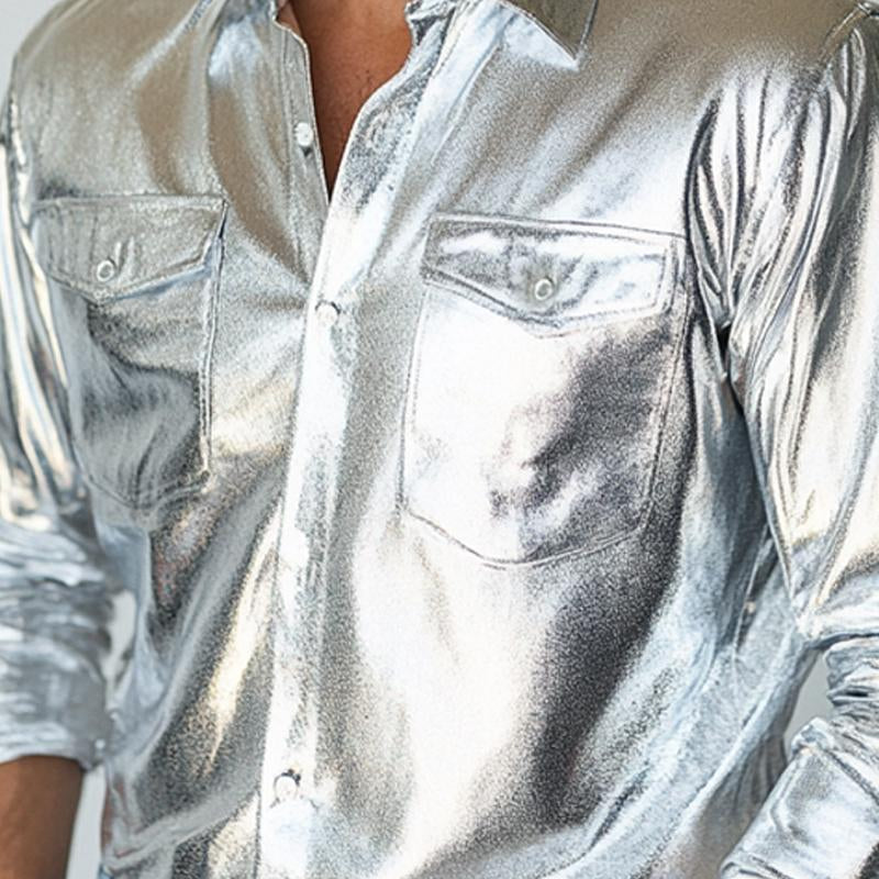 Men's Retro Silver Shiny Loose Long Sleeve Shirt 35978028U