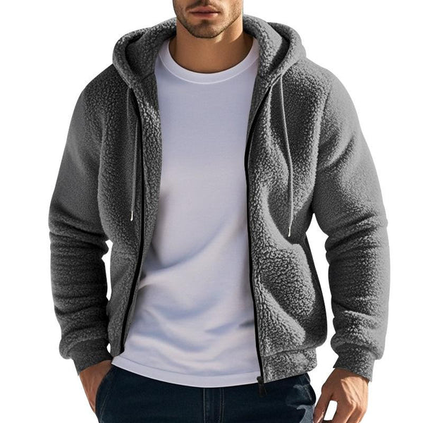 Men's Solid Loose Plush Hooded Zipper Casual Jacket 90610400Z