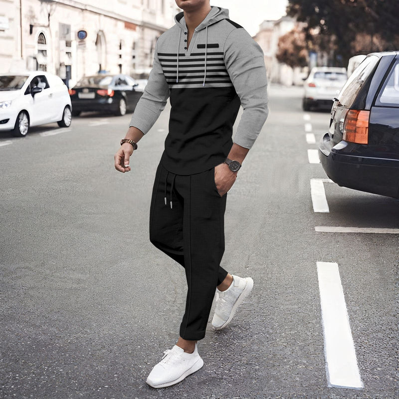 Men's Casual Striped Colorblock Waffle Hooded Long Sleeve T-Shirt Pants Set 84388148Y