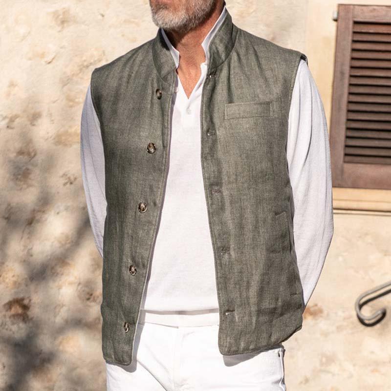 【Spedizione in 24 ore】Gilet monopetto multitasche in lino con colletto alto casual da uomo 71856913M