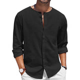Men's Casual Round Neck Cotton Linen Long Sleeve Shirt 07577919M