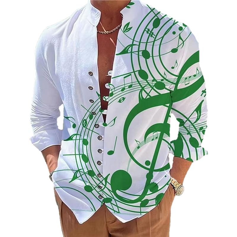 Men's Stand Collar Printed Musical Note Printed Button Long Sleeve Shirt 30315529X