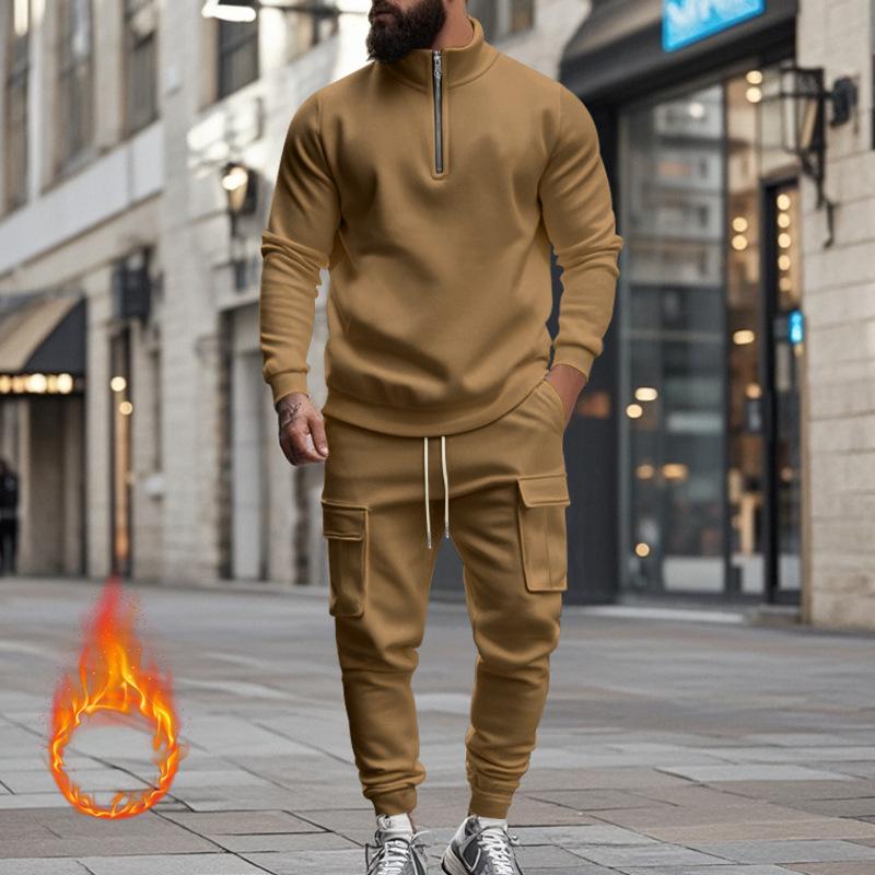 Men's Solid Color Casual Plush Warm Zipper Stand Collar Sweatshirt Sweatpants Set 08038864Y