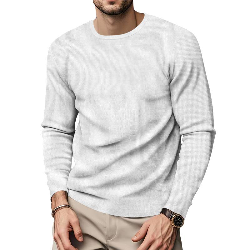 Men's Solid Color Waffle Round Neck Long Sleeve Casual T-shirt 14314739Z