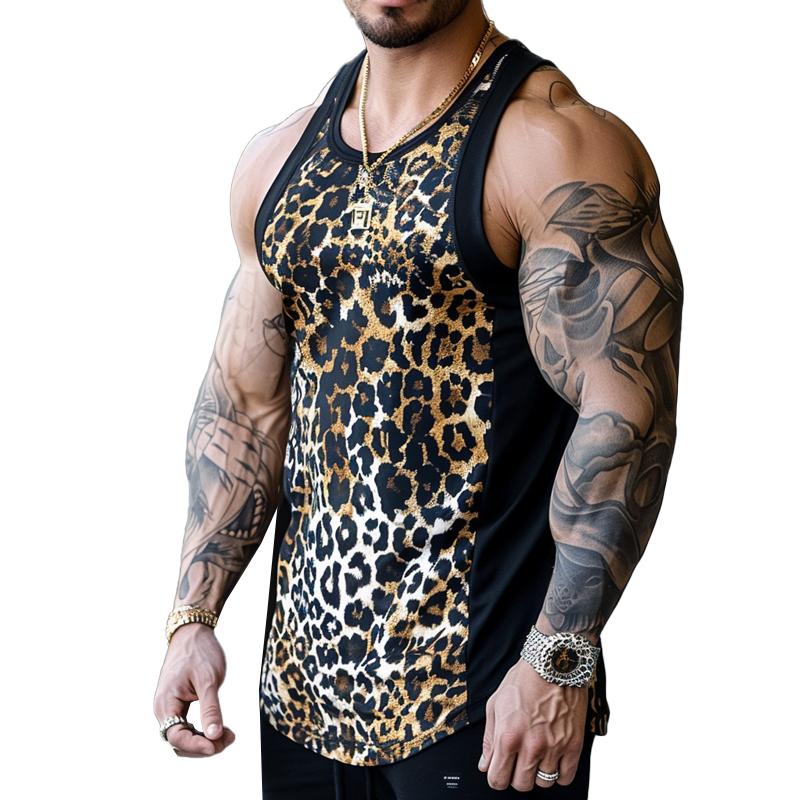 Men's Casual Round Neck Leopard Print Patchwork Tank Top 63099234M