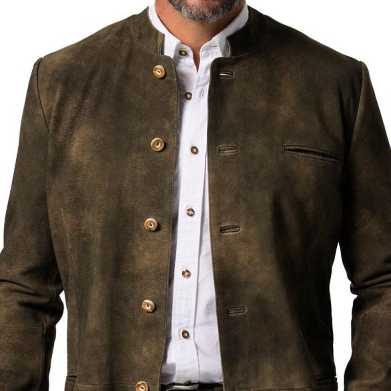 Men's Vintage Distressed Leather Suede Stand Collar Jacket 04845863U