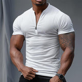 Men's Solid Color Zip V-Neck Slim Fit Short Sleeve T-Shirt 70810329Y