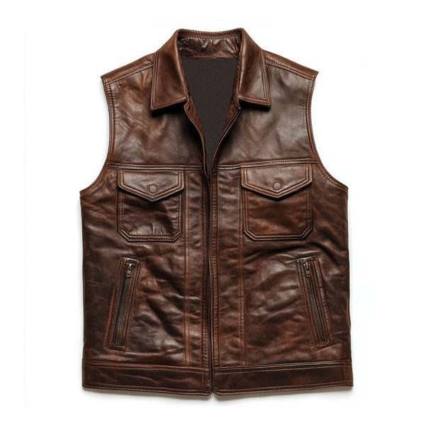 Men's Vintage Leather Lapel Zipper Multi-Pocket Vest 56125631M