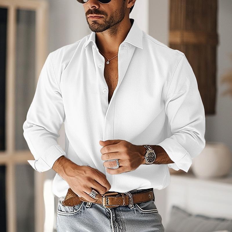 Men's Casual Cotton Blend Lapel Slim Fit Long Sleeve Shirt 12797211M