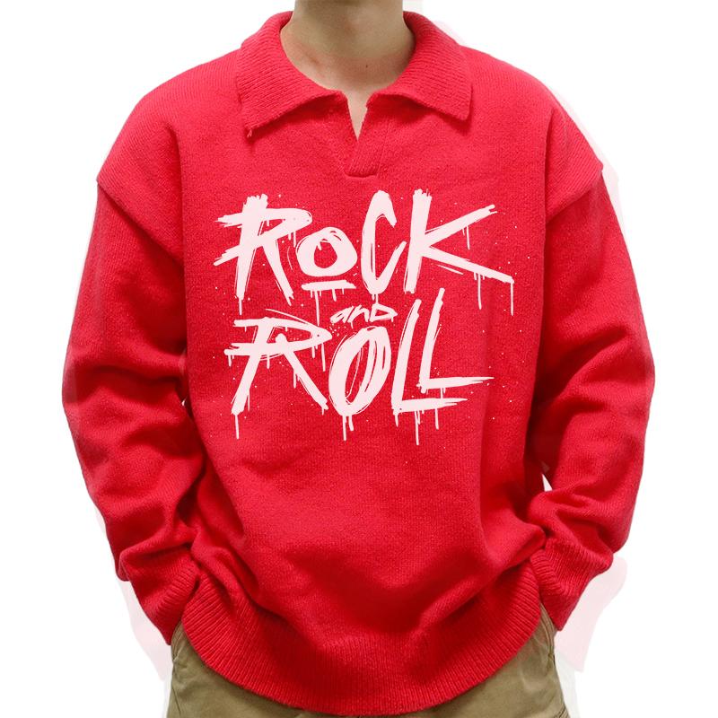 Men's Casual Polo Collar Rock And Roll Print Long Sleeve Pullover Sweater 17953618M