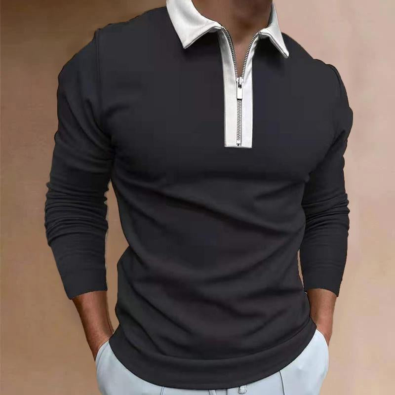 Men's Casual Color Block Zip Lapel Long Sleeve Polo Shirt 05045854Y