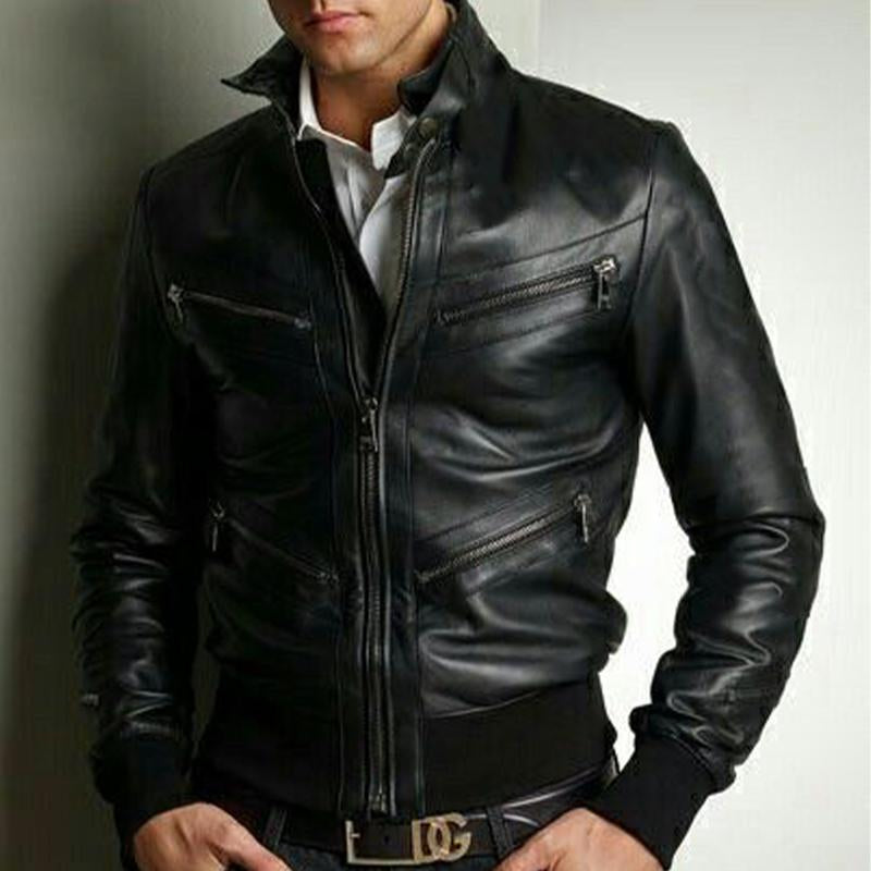 Men's Slim Fit Black Stand Collar Zip-up Leather Jacket 58468927U